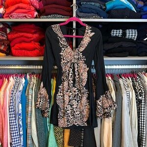 Unbranded black/orange floral print v neck tie back/waist long sleeve dress XS